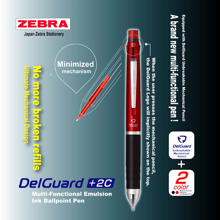 Zebra Multifunktionsstift Delgard + 2C – Mit Druckbleistift (0,5 Mm) & 2 Kugelschreibern (0,7 Mm, Schwarz/rot)